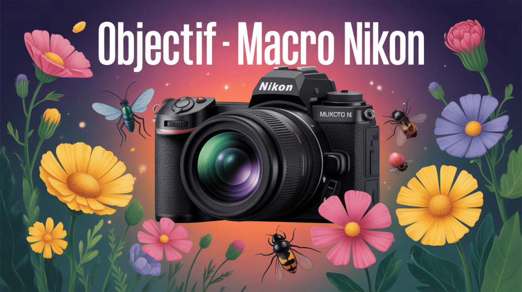 Illustration nikon objectif macro avec fleurs et insectes