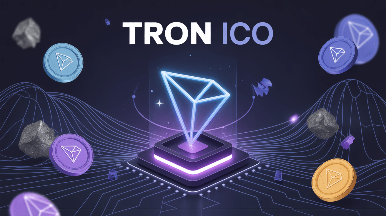 Illustration stylisée Tron ICO avec jetons TRX et réseau décentralisé