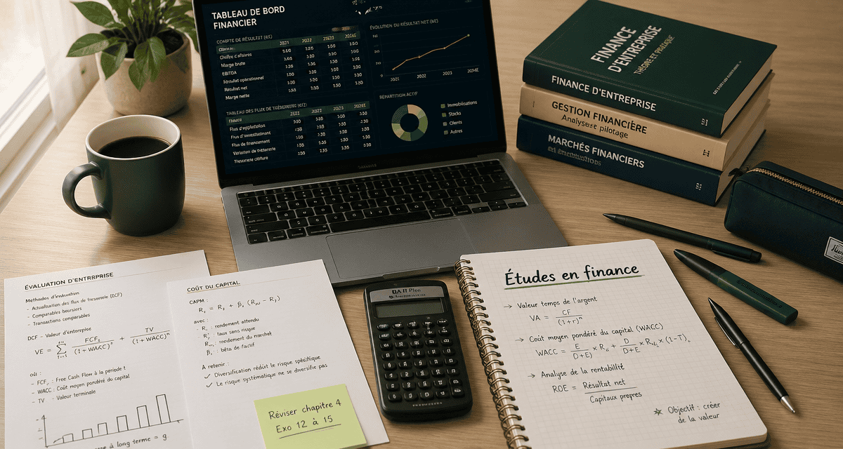 bureau d'etudiant en finance avec ordinateur et carnet