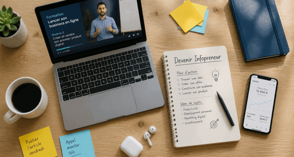 Bureau d’infopreneur avec ordinateur et carnet