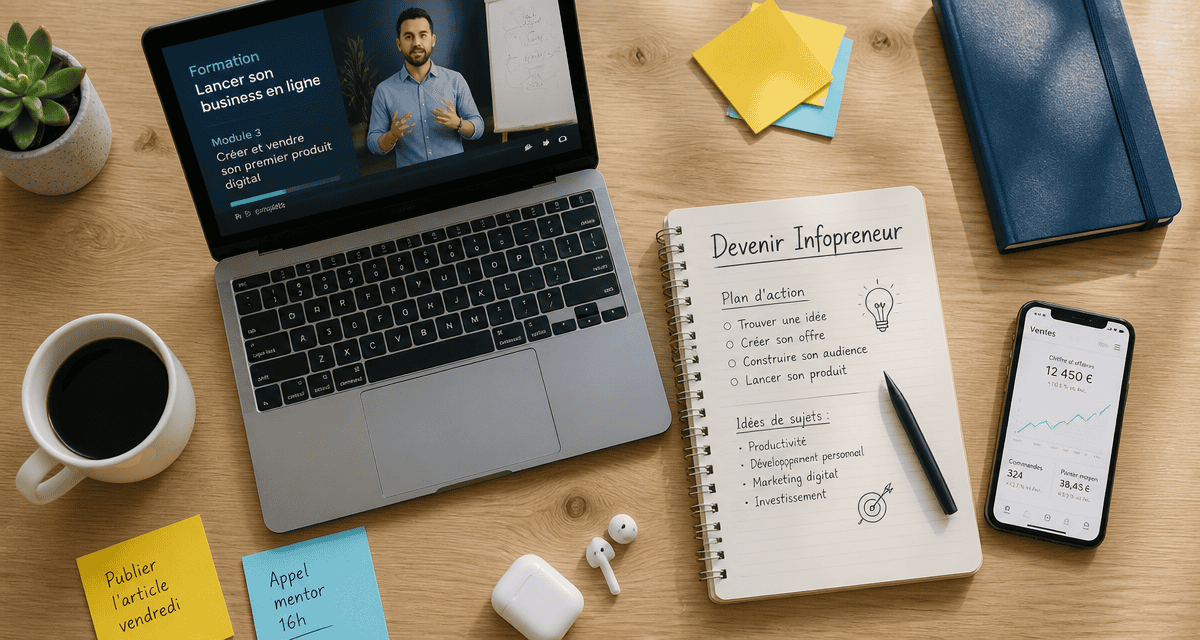 Bureau d’infopreneur avec ordinateur et carnet
