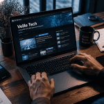 Professionnel lit blog technologie sur laptop