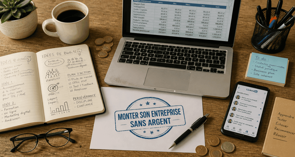 comment monter son entreprise sans argent flat lay bureau