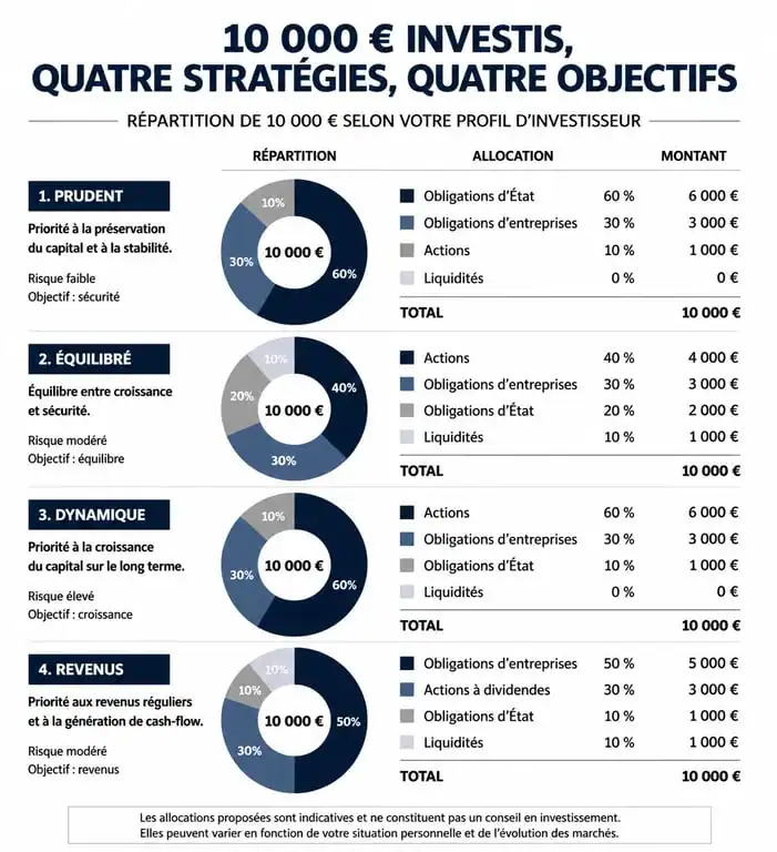 Répartition de 10 000 euros selon le profil d'investisseur : prudent, équilibré, dynamique ou revenus