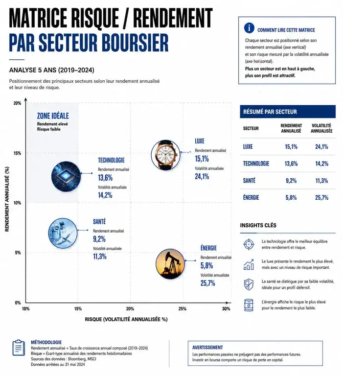 Infographie comparative des secteurs boursiers : risque et rendement pour choisir la meilleure action en bourse