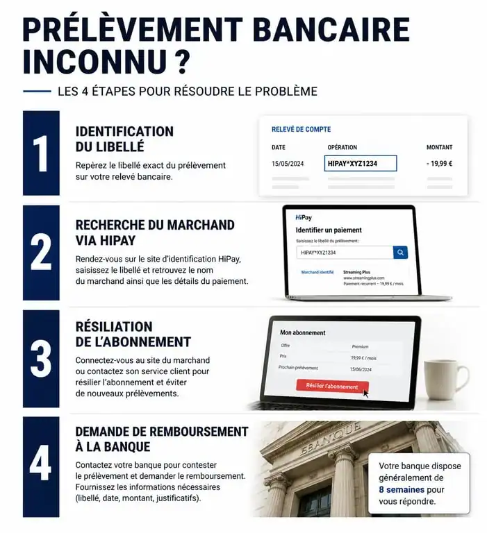 Infographie des étapes pour contester et résoudre un prélèvement HPY sur relevé bancaire
