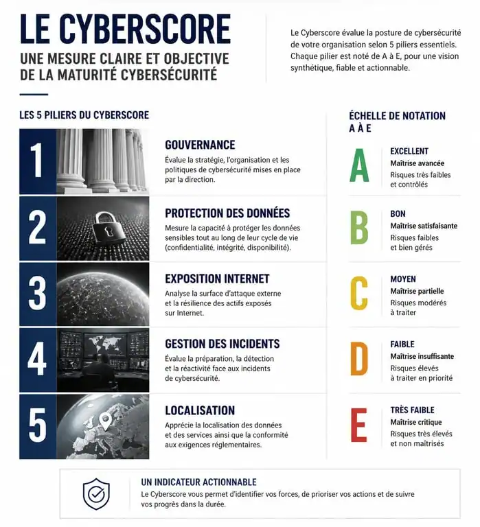 Infographie des critères d'évaluation du Cyberscore pour la sécurité des plateformes numériques