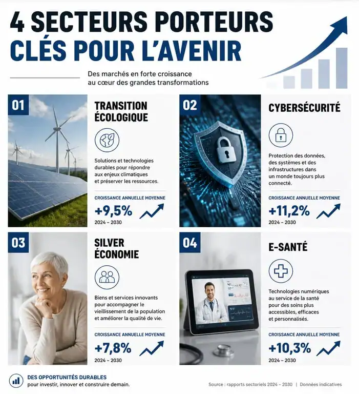 Infographie des secteurs porteurs en France : transition écologique, cybersécurité, silver économie et e-santé.