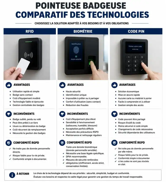 Comparatif des technologies de pointeuse badgeuse : RFID, biométrie et code PIN pour la gestion du temps en entreprise