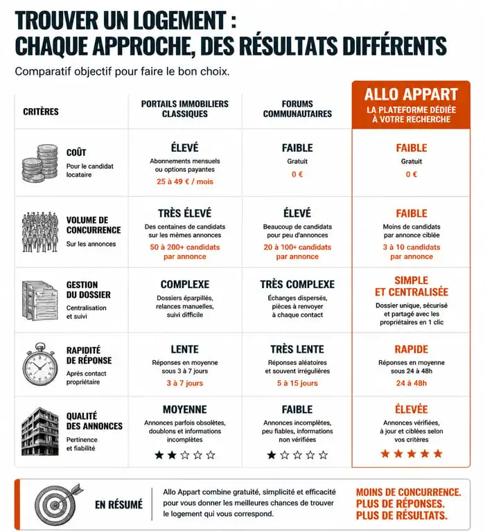 Infographie comparative des plateformes de recherche de logement : Allo Appart face aux portails classiques et forums