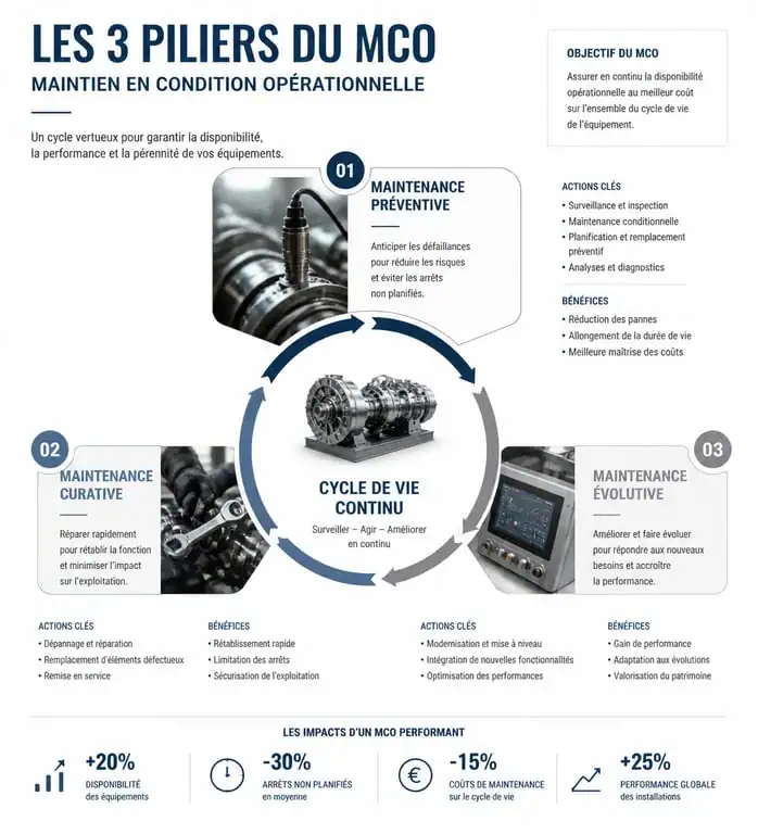Infographie des trois piliers du maintien en condition opérationnelle MCO