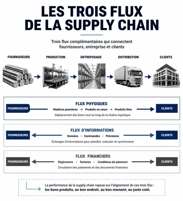 Schéma des trois flux de la supply chain : physiques, informations et financiers