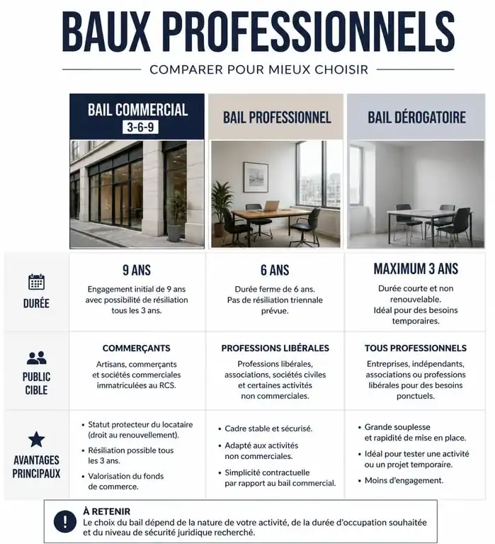 Infographie comparative des baux pour local d'entreprise : commercial, professionnel et dérogatoire