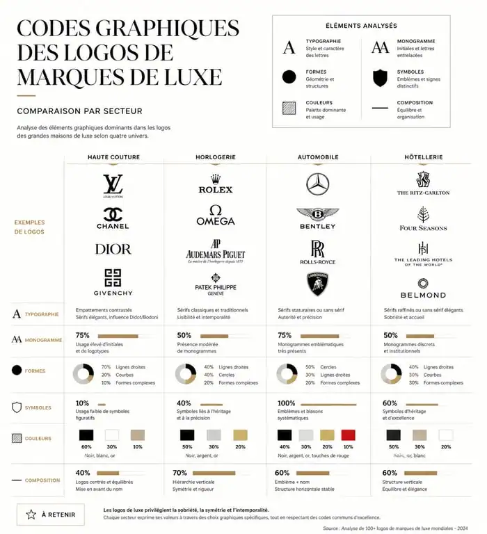 Infographie comparative des codes graphiques et typographies des logos de marques de luxe par secteur