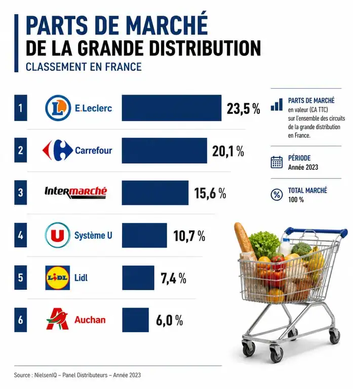 Classement des enseignes de grande distribution en France par chiffre d'affaires et parts de marché