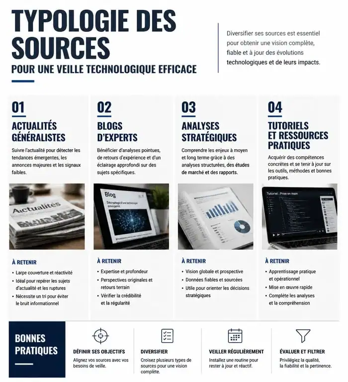 Infographie sur la typologie des sources pour une veille technologique efficace sur un blog technologie