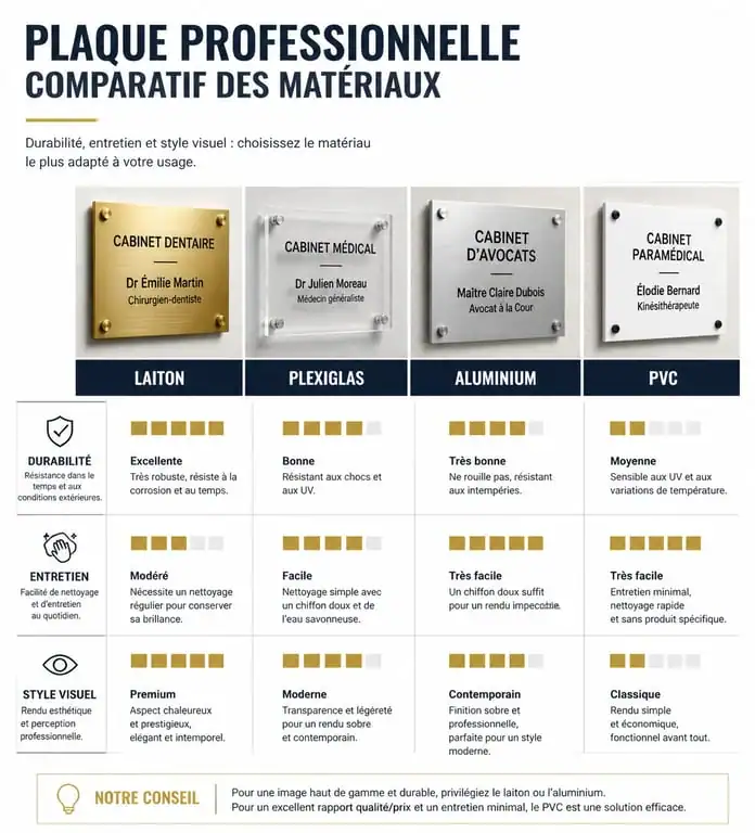 Infographie comparative des matériaux pour plaque profession libérale : laiton, plexiglas, aluminium et PVC.