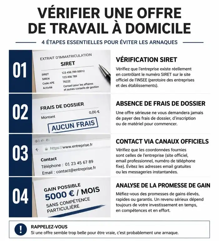 Infographie des étapes pour vérifier une offre de mise sous pli à domicile et éviter les arnaques