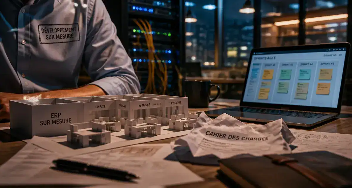 Développement sur mesure : maquette ERP et sprint Agile dans un bureau, unique vs standard