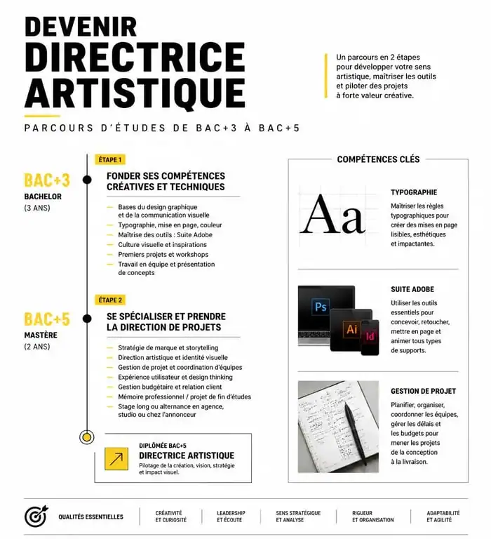 Infographie sur le parcours d'études et les compétences pour devenir directrice artistique