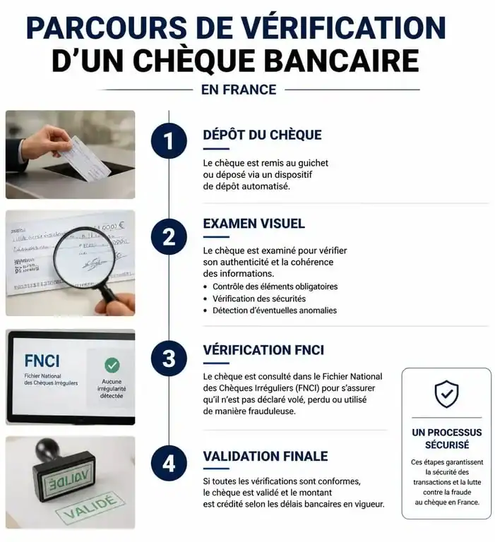 Schéma du processus de vérification réglementaire d'un chèque bancaire en France