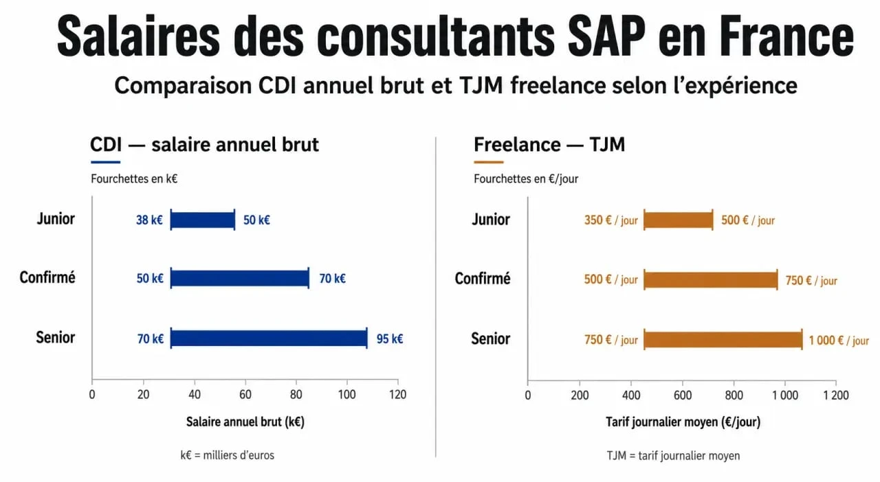 Infographie comparative des salaires et TJM de consultant SAP en France selon l'expérience et le statut