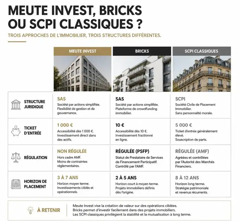 Comparatif des solutions d'investissement immobilier fractionné : Meute Invest, Bricks et SCPI
