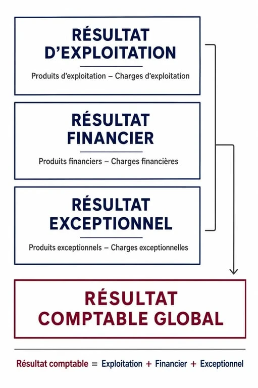 Schéma illustrant le calcul du résultat comptable par l'addition des résultats d'exploitation, financier et exceptionnel