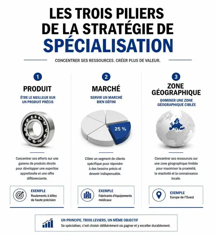Schéma des trois piliers de la stratégie de spécialisation : produit, marché et zone géographique
