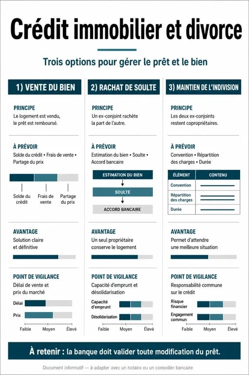 Comparatif des options de gestion d'un crédit immobilier en cas de divorce : vente, rachat de soulte ou indivision.
