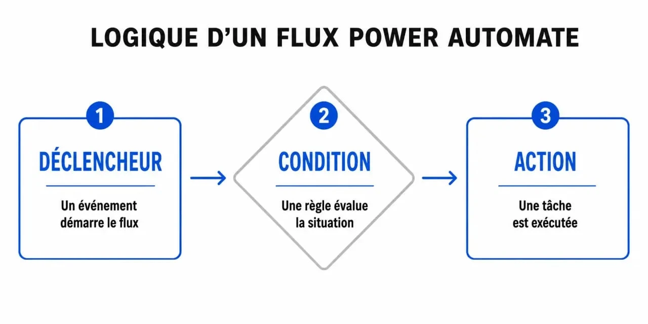 Schéma explicatif du fonctionnement de Power Automate : déclencheur, condition et action