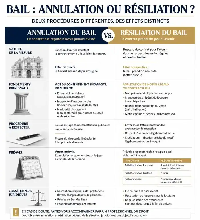 Infographie comparative : Annulation vs Résiliation d'un bail d'habitation pour comprendre le délai de rétractation bail.