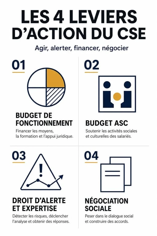Infographie des leviers d'action du CSE pour les élus
