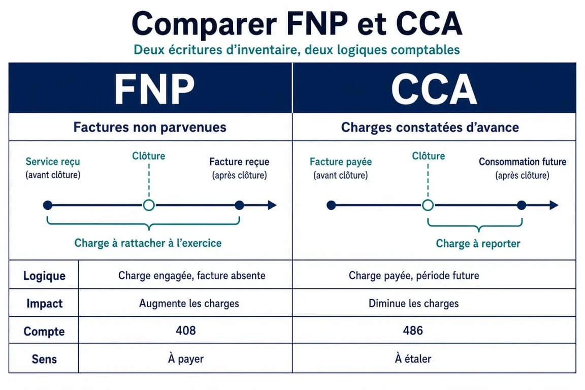Tableau comparatif entre Facture Non Parvenue et Charge Constatée d'Avance pour la comptabilité