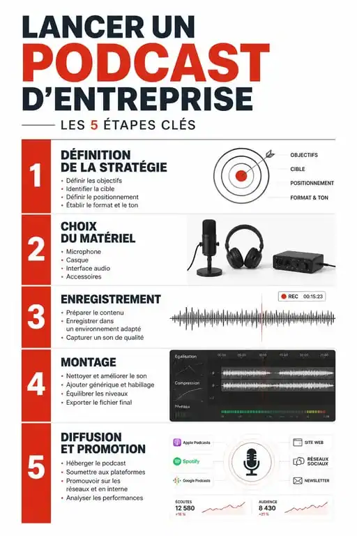 Infographie des étapes clés pour lancer un podcast d'entreprise réussi