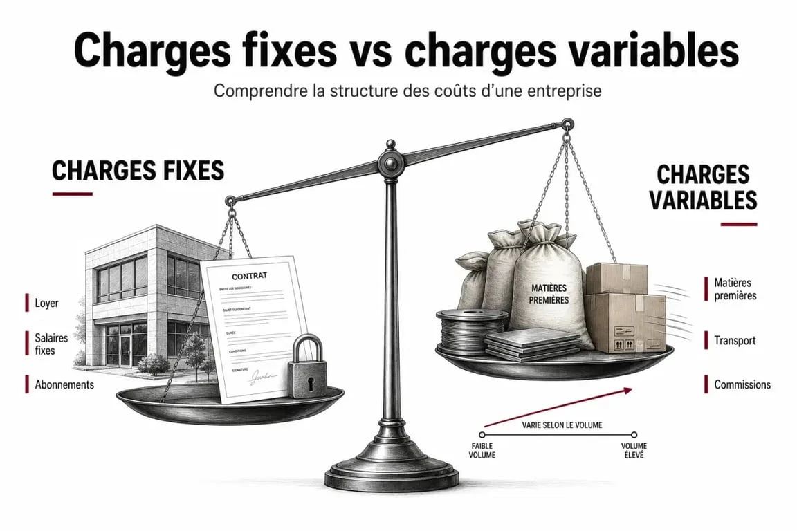 Infographie comparative entre charges fixes et charges variables pour la gestion d'entreprise