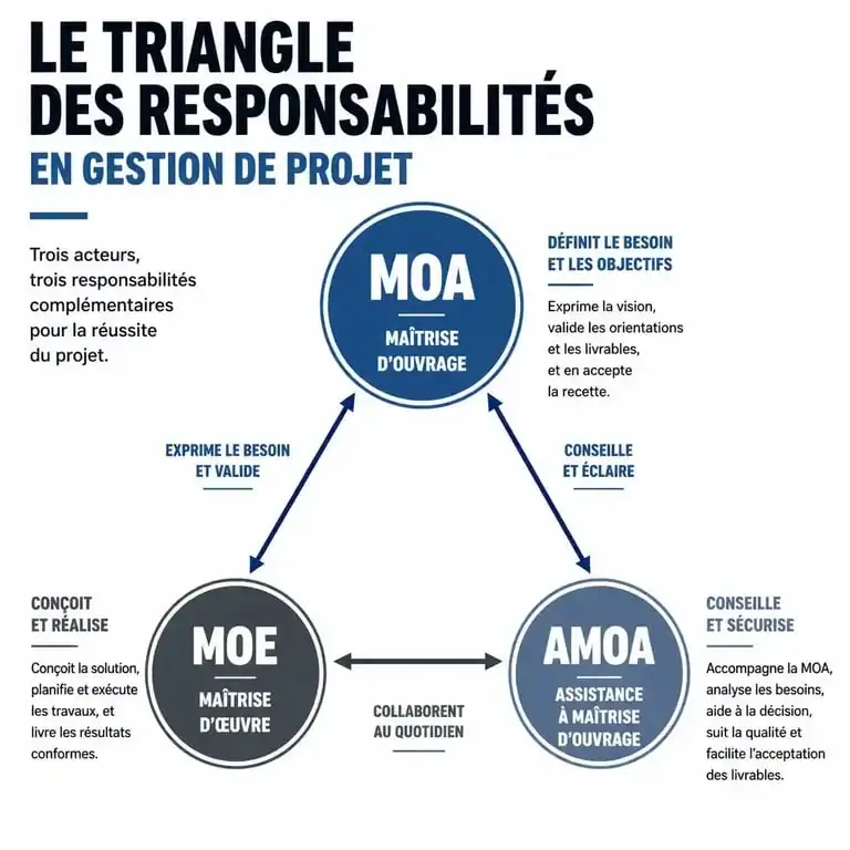 Schéma des rôles en maîtrise d'ouvrage MOA, MOE et AMOA