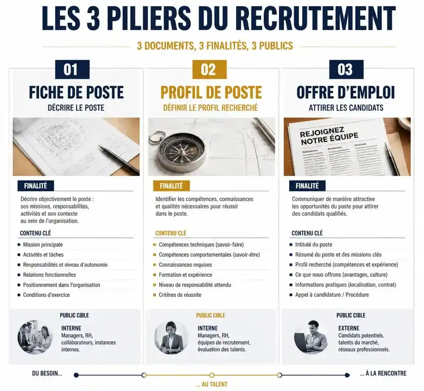 Infographie comparative des outils de recrutement : fiche de poste, profil de poste et offre d'emploi