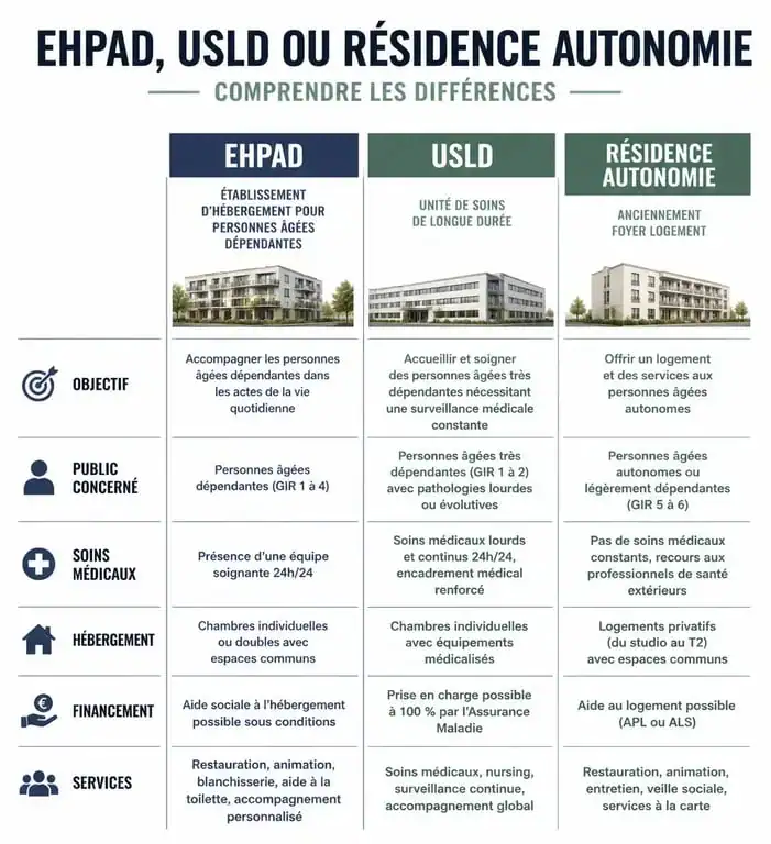 Infographie comparative des structures d'accueil pour personnes âgées : EHPAD, USLD et résidence autonomie