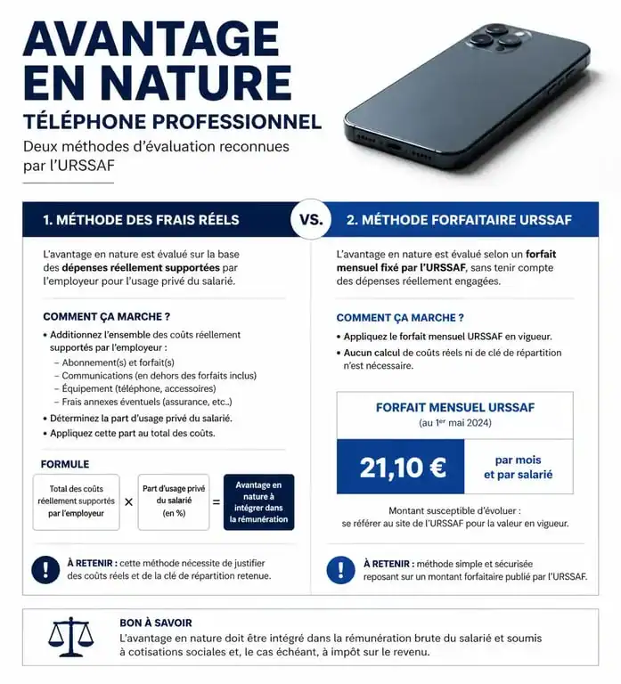 Infographie sur le calcul de l'avantage en nature pour la mise à disposition d'un téléphone portable professionnel