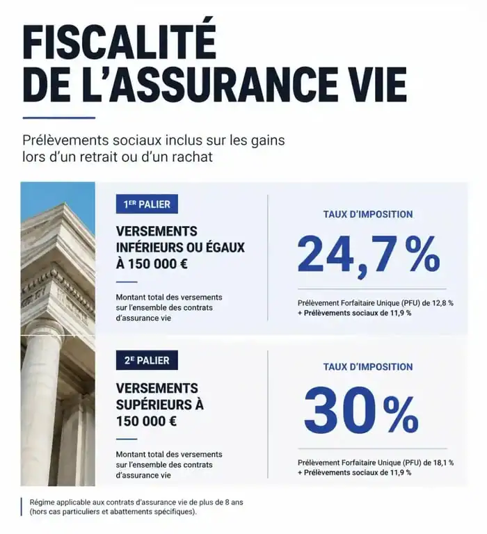 Infographie des taux de la flat tax sur l'assurance vie selon le seuil de 150 000 euros
