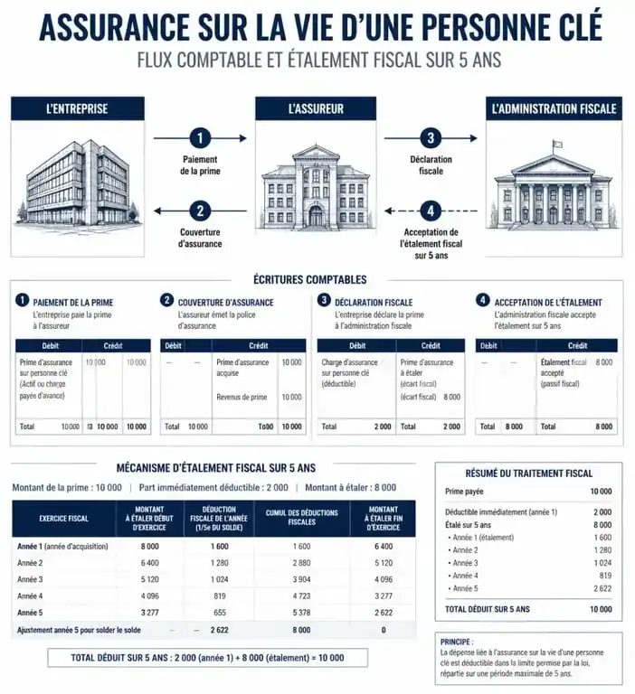 Schéma comptable et fiscal de l'assurance homme clé : flux des primes et indemnités