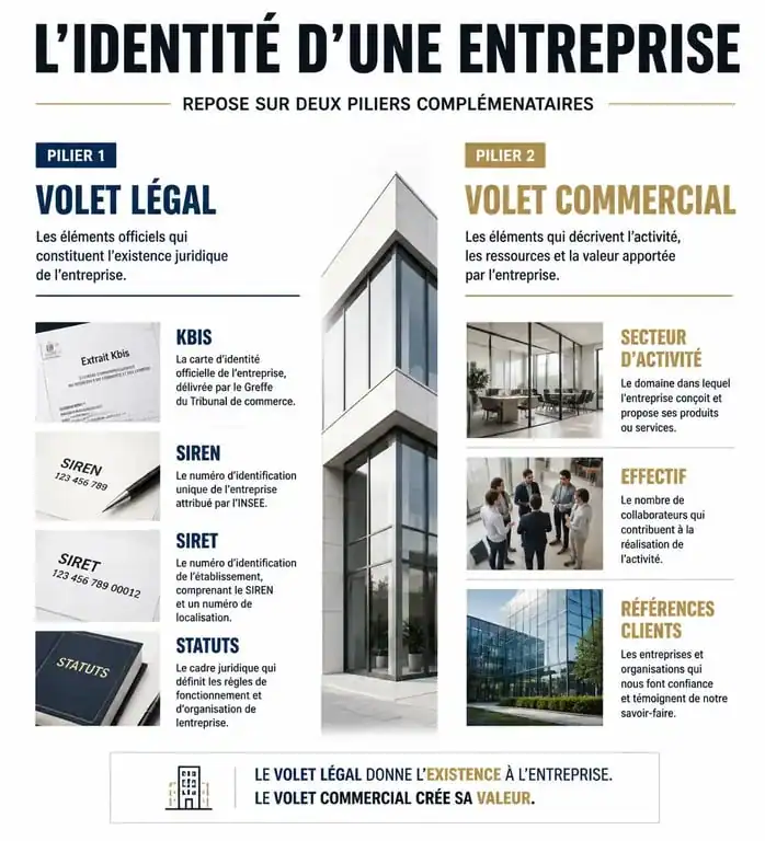 Infographie des composants de la carte d'identité entreprise : volet légal et commercial