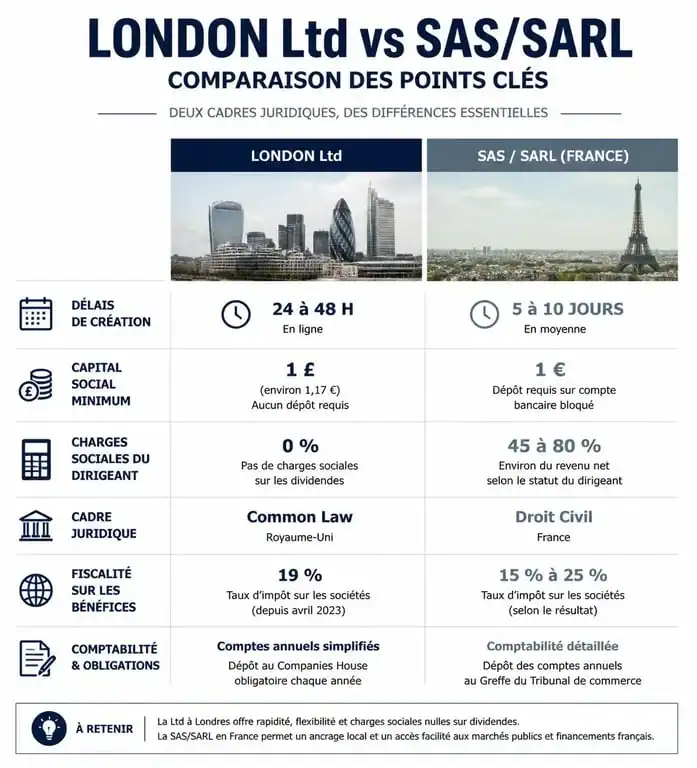 Tableau comparatif des avantages de la création d'une société à Londres par rapport à la France
