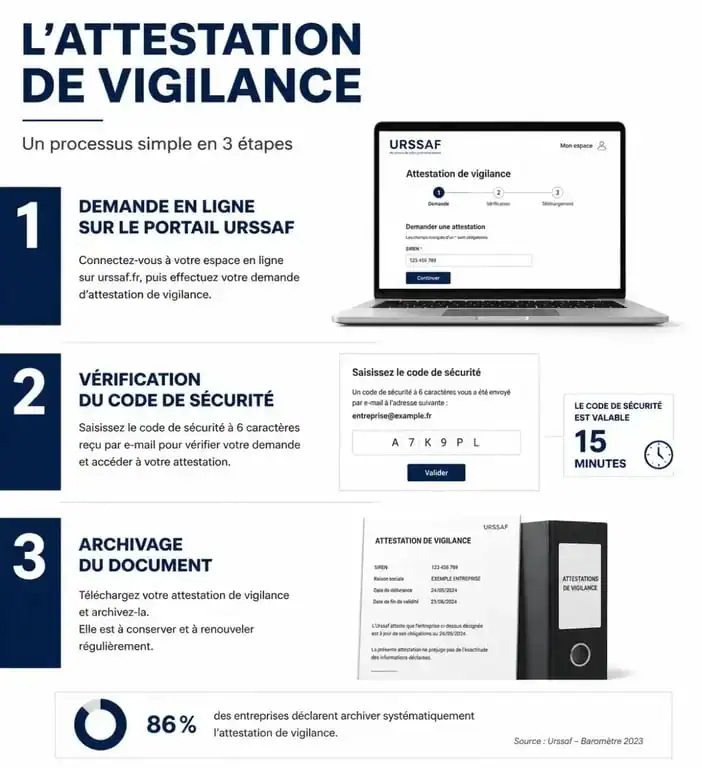 Schéma du processus d'obtention et de vérification de l'attestation de vigilance pour les entreprises