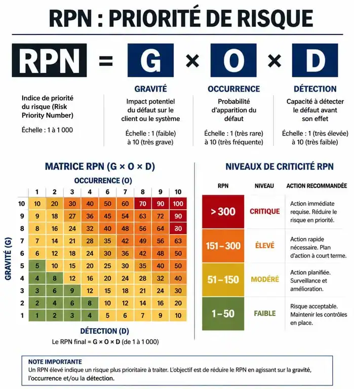 Infographie explicative de la matrice AMDEC et du calcul de l'indice de criticité RPN