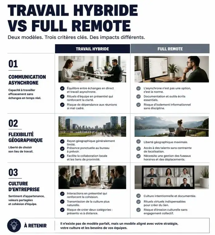 Infographie comparative entre travail hybride et full remote pour trouver un emploi je remote