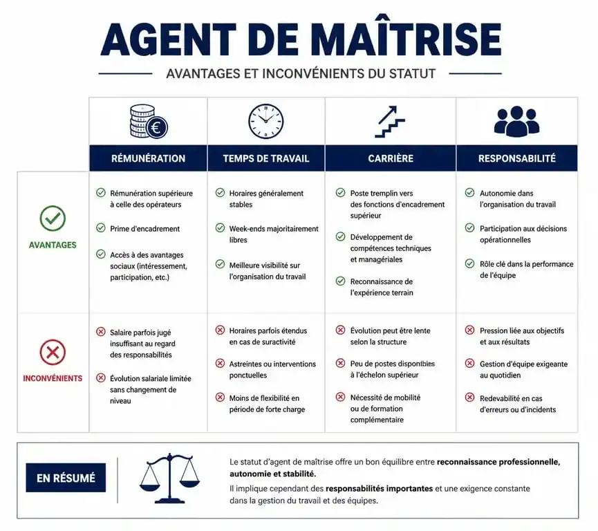 Tableau comparatif des avantages et inconvénients du statut d'agent de maîtrise pour une évolution de carrière