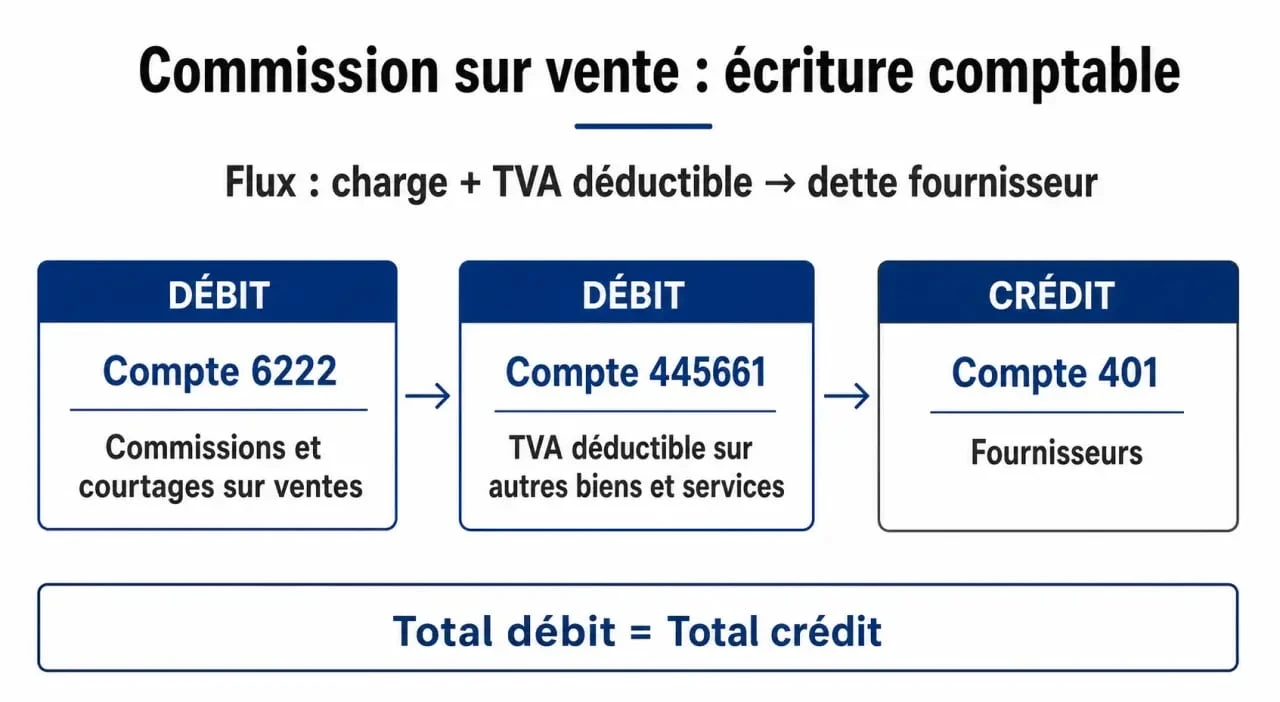 Schéma comptable de l'enregistrement d'une commission sur vente dans le compte 6222