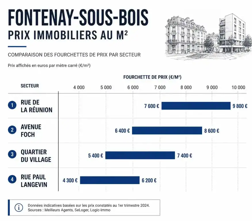 Graphique comparatif des prix au m2 à Fontenay-sous-Bois par quartier